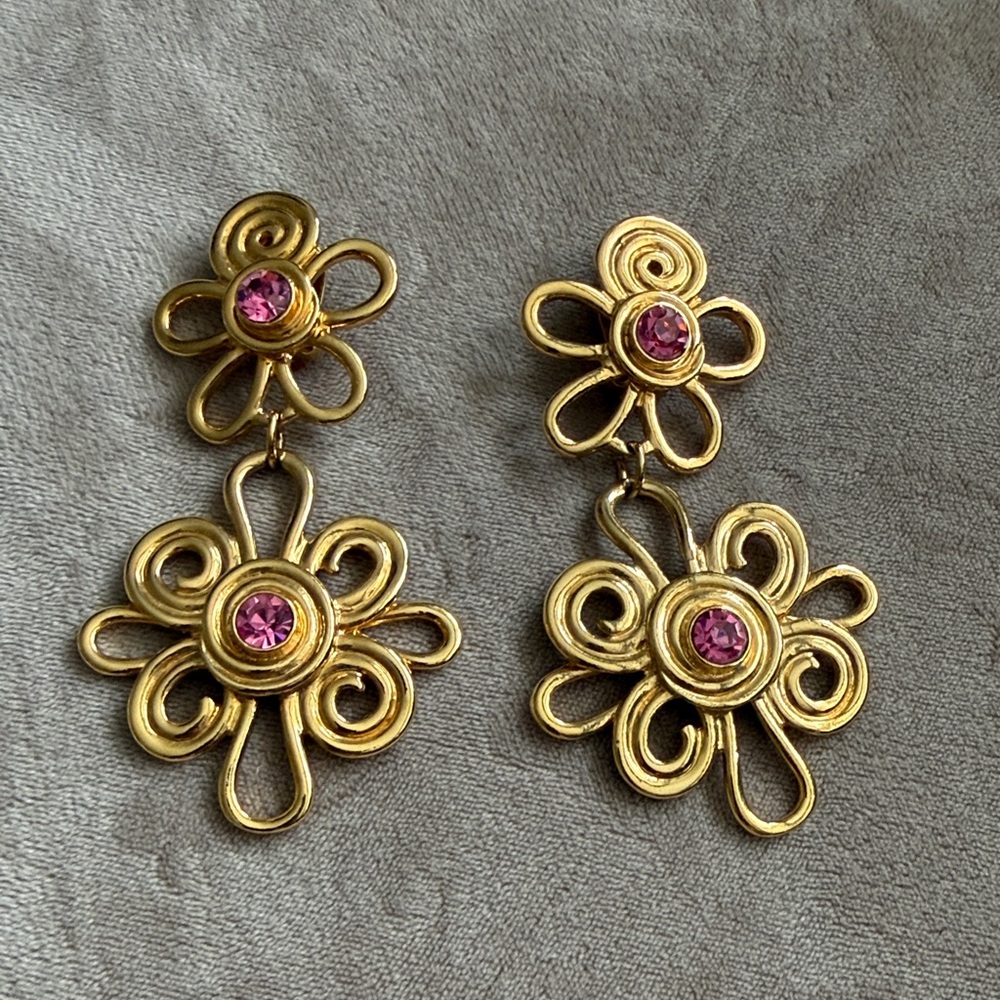 Vintage Gold-Tone Pink Crystal Flower Drop Earrings